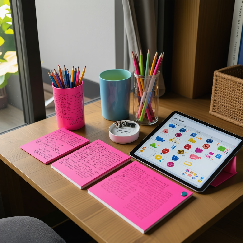 Home workspace showing colorful creative handwritten notes, mind maps, and digital note-taking apps