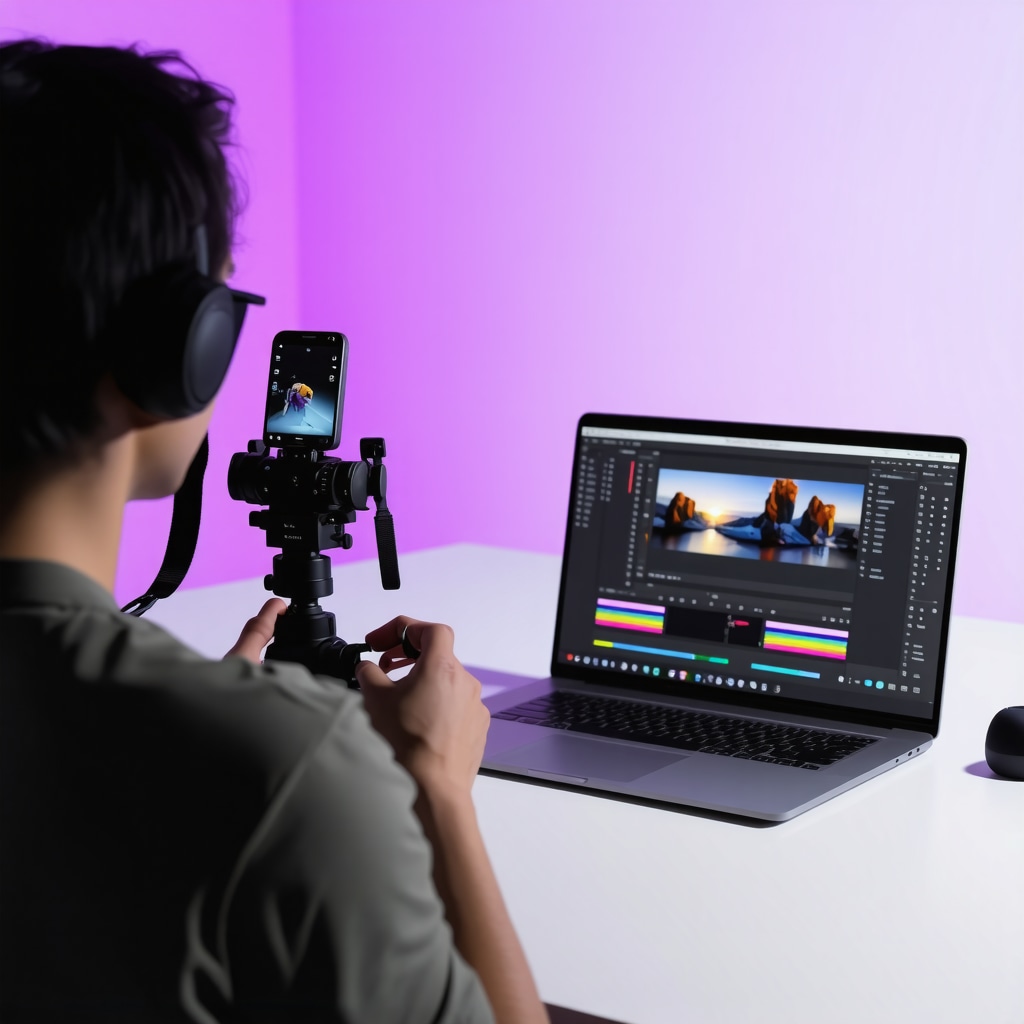 Person holding smartphone on a DIY stabilizer with colorful lighting and laptop showing video editing software