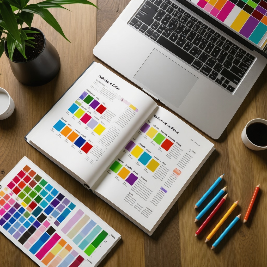 Homemade catalog design workspace with colorful materials and laptop showing layout