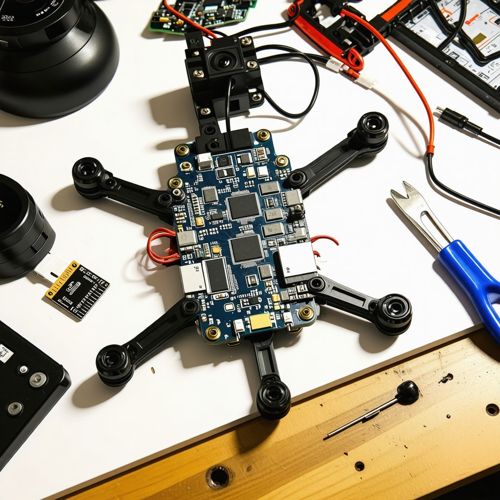 Close-up of a homemade drone circuit board being assembled with FPV camera and sensors on a workbench