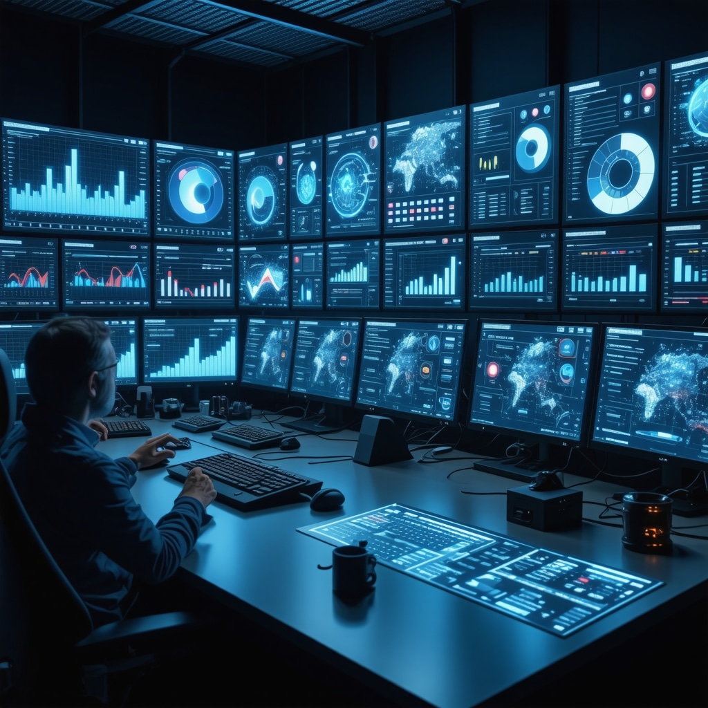 Futuristic control room displaying real-time omnichannel marketing analytics and AI data visualization