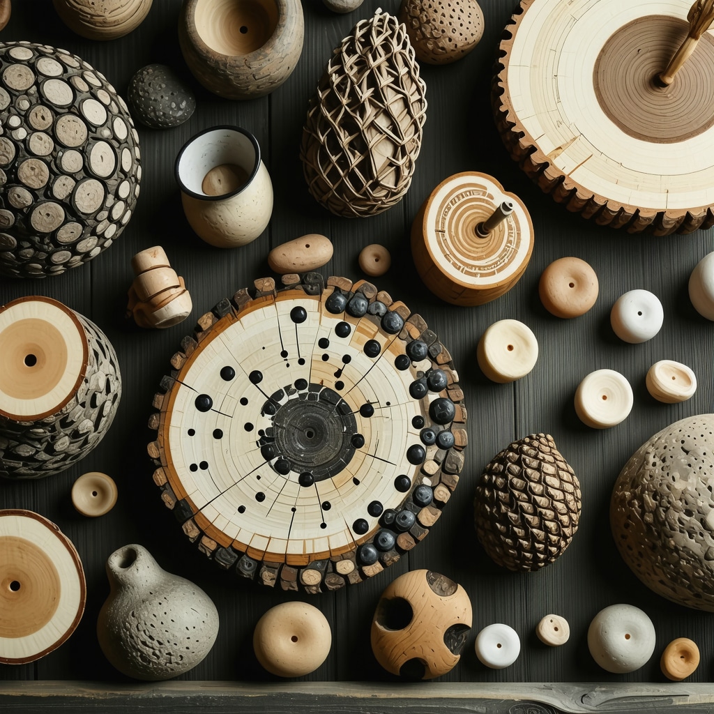 Close-up of eco-friendly handmade decor items with natural textures and recycled materials