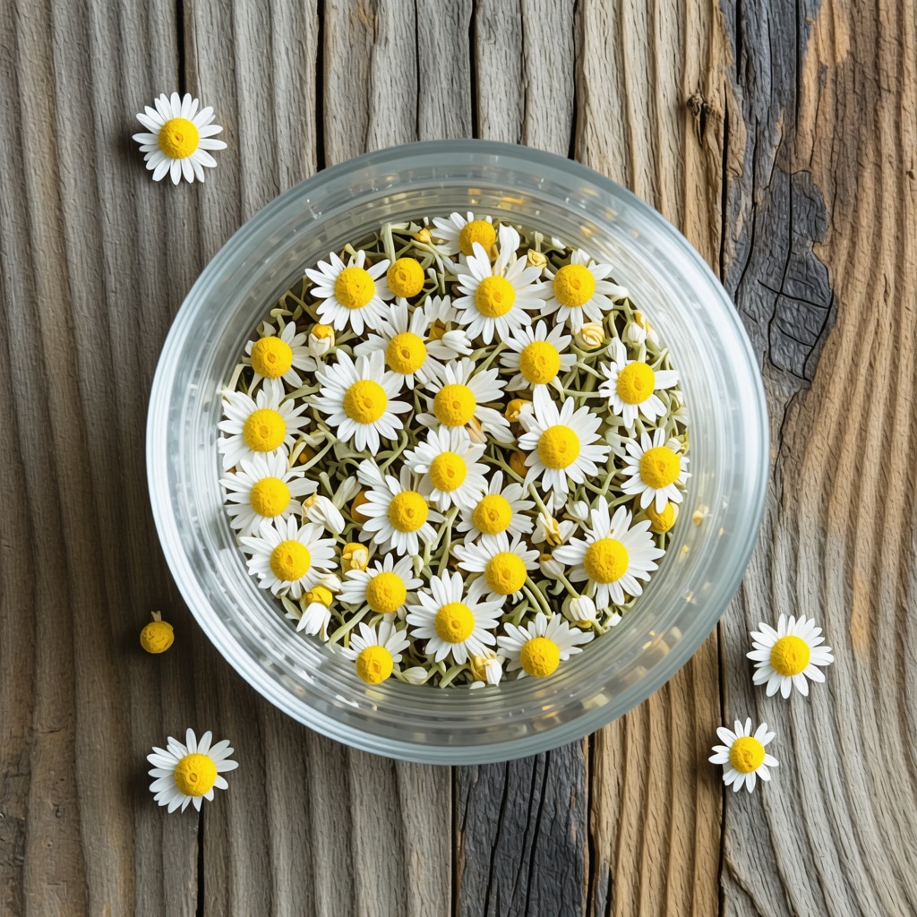 Close-up of dried chamomile flowers in a jar