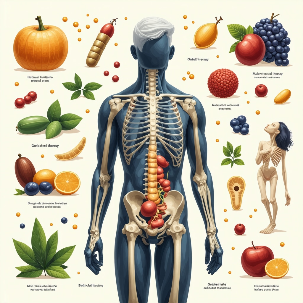 Illustration of human joints and digestive system with natural ointments and physical therapy icons