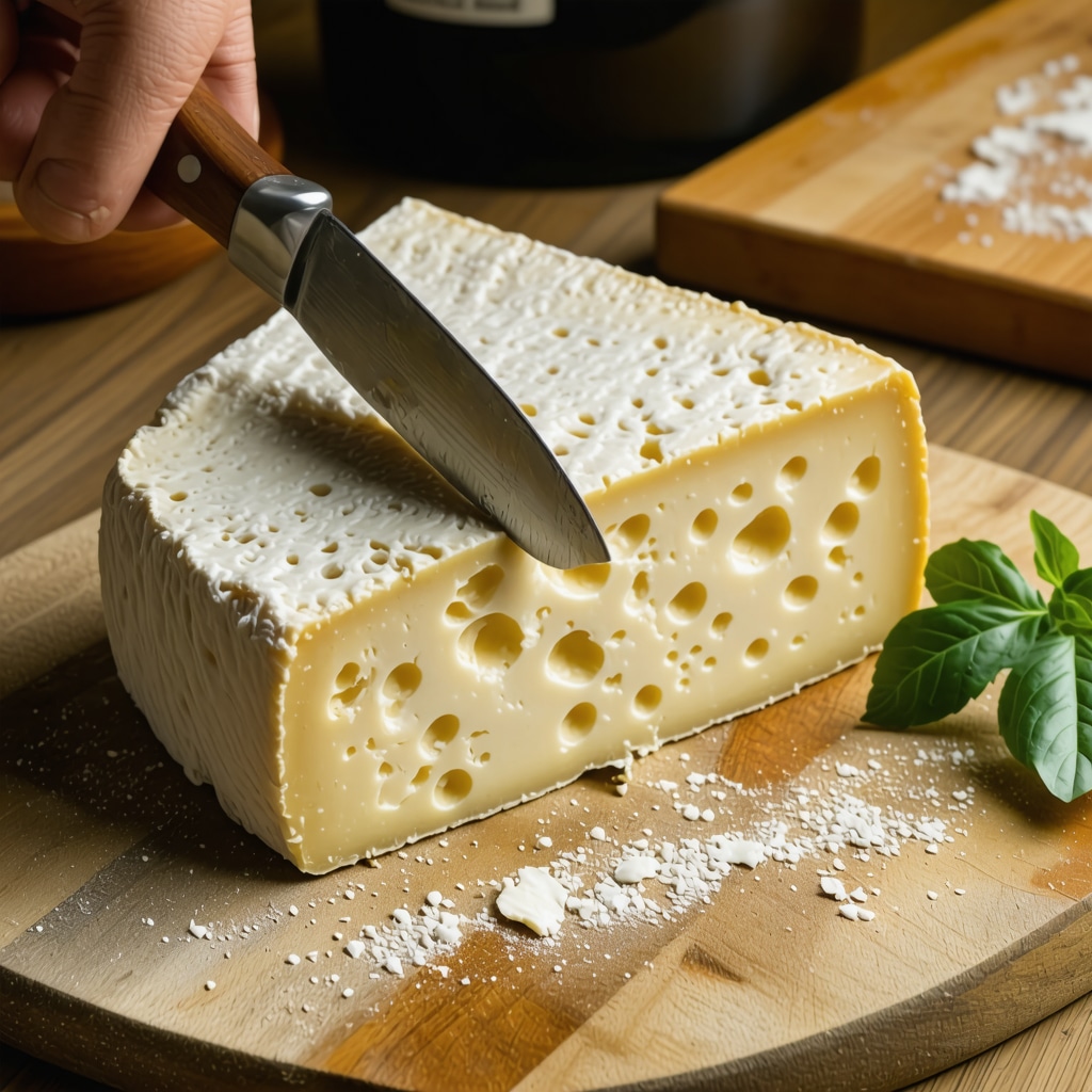 Close-up of homemade cheese being sliced with a knife in a rustic kitchen setting