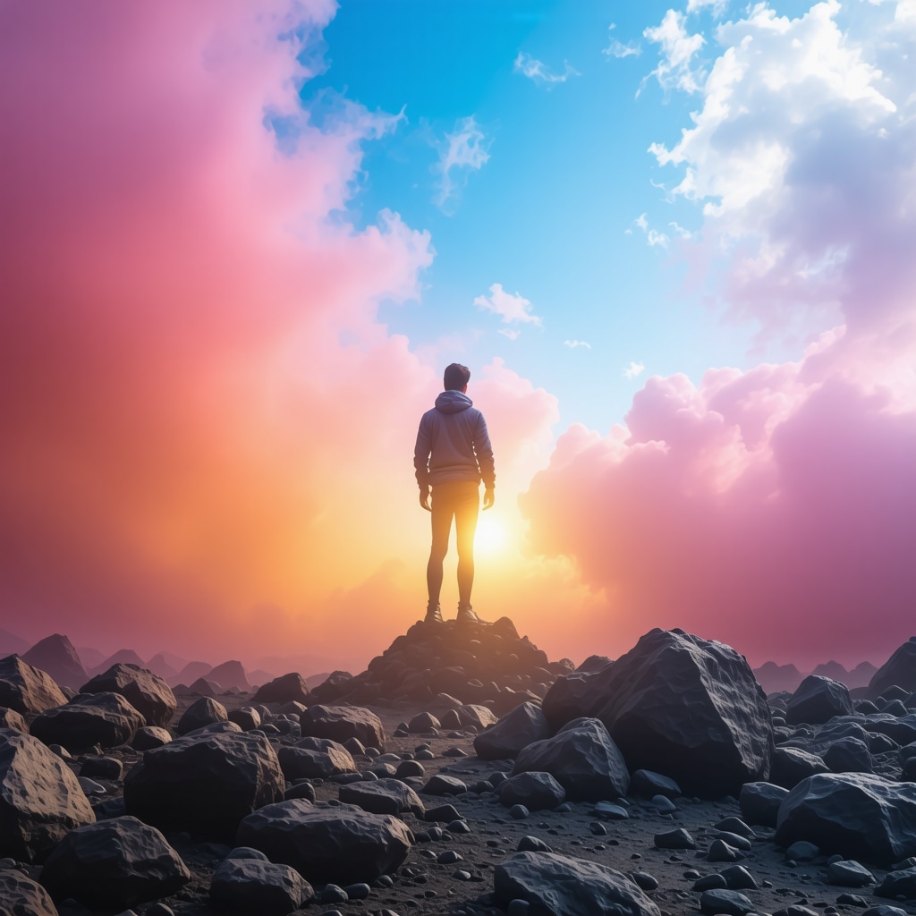 Motivational person overcoming obstacle in vibrant setting