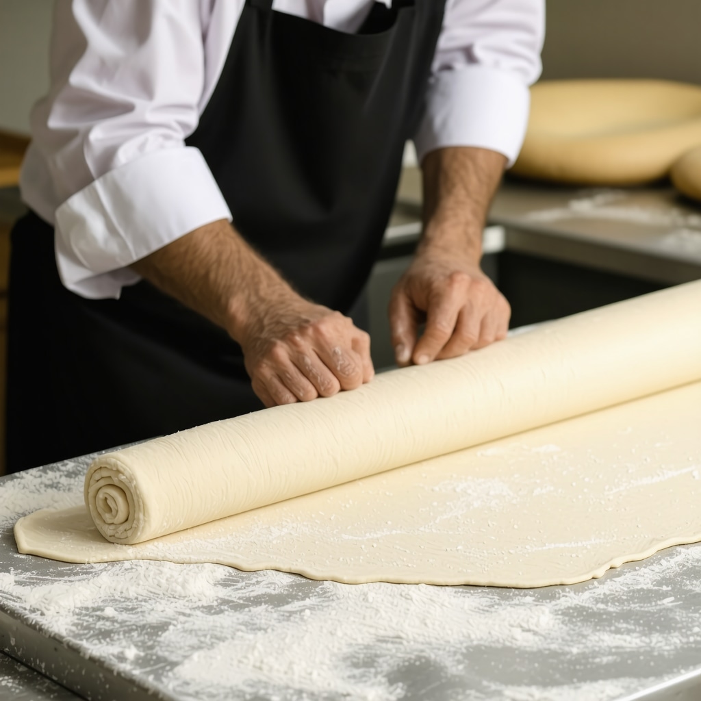 Pekar razvija tanko testo za burek u pekari