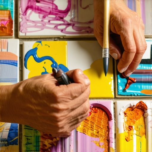 Hands working on glazed ceramic tiles with transfer images and 3D elements, showcasing advanced artistic techniques