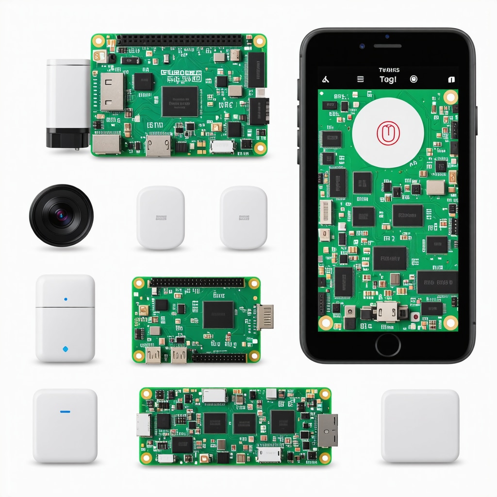 Diagram of a smart home security system with sensors, control unit, and mobile app interface.