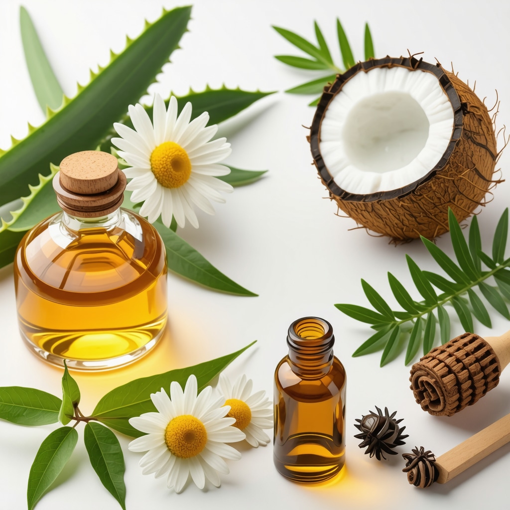 Aloe vera, chamomile, honey, coconut oil, and essential oils arranged for natural insect bite remedy