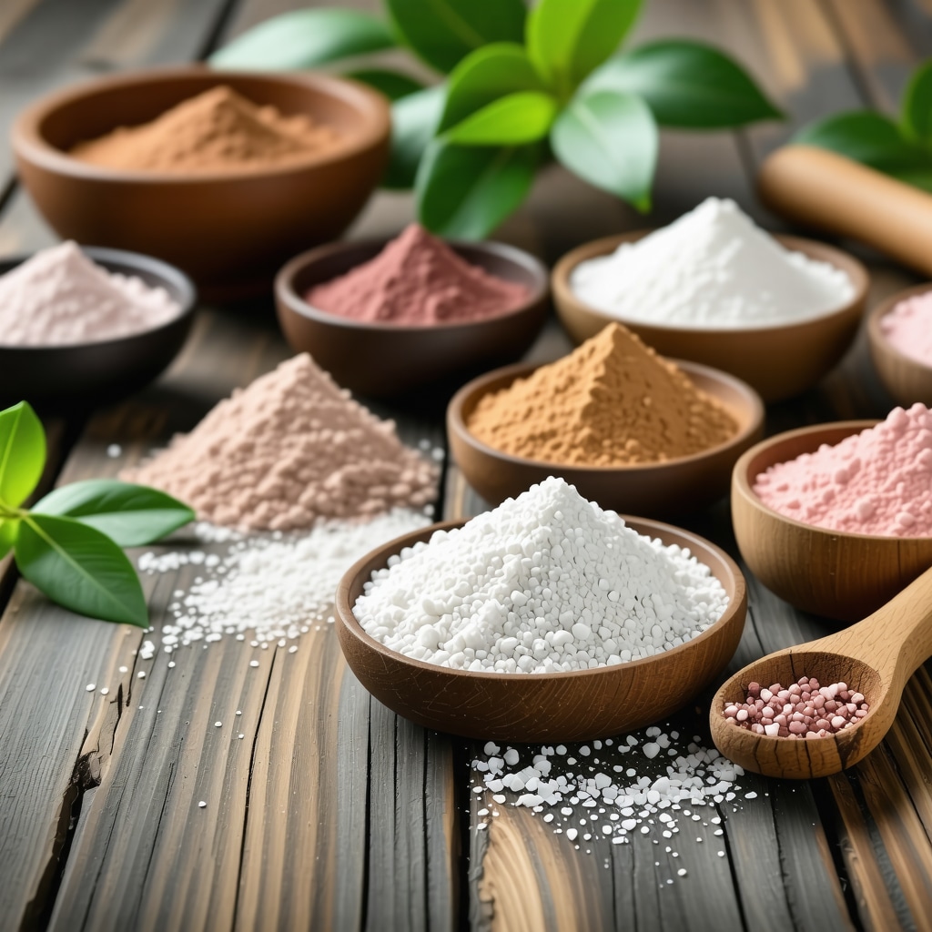 Mineral powders and natural ingredients for homemade makeup on wooden table