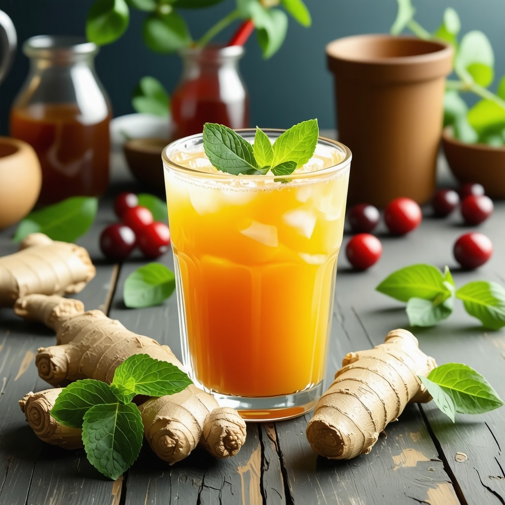 Colorful herbal juice with ginger and mint in a glass