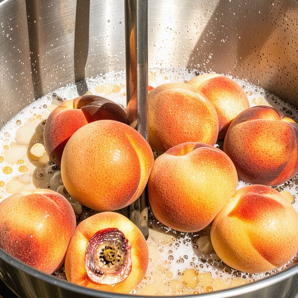 Fresh peaches being cut and blended for making homemade juice