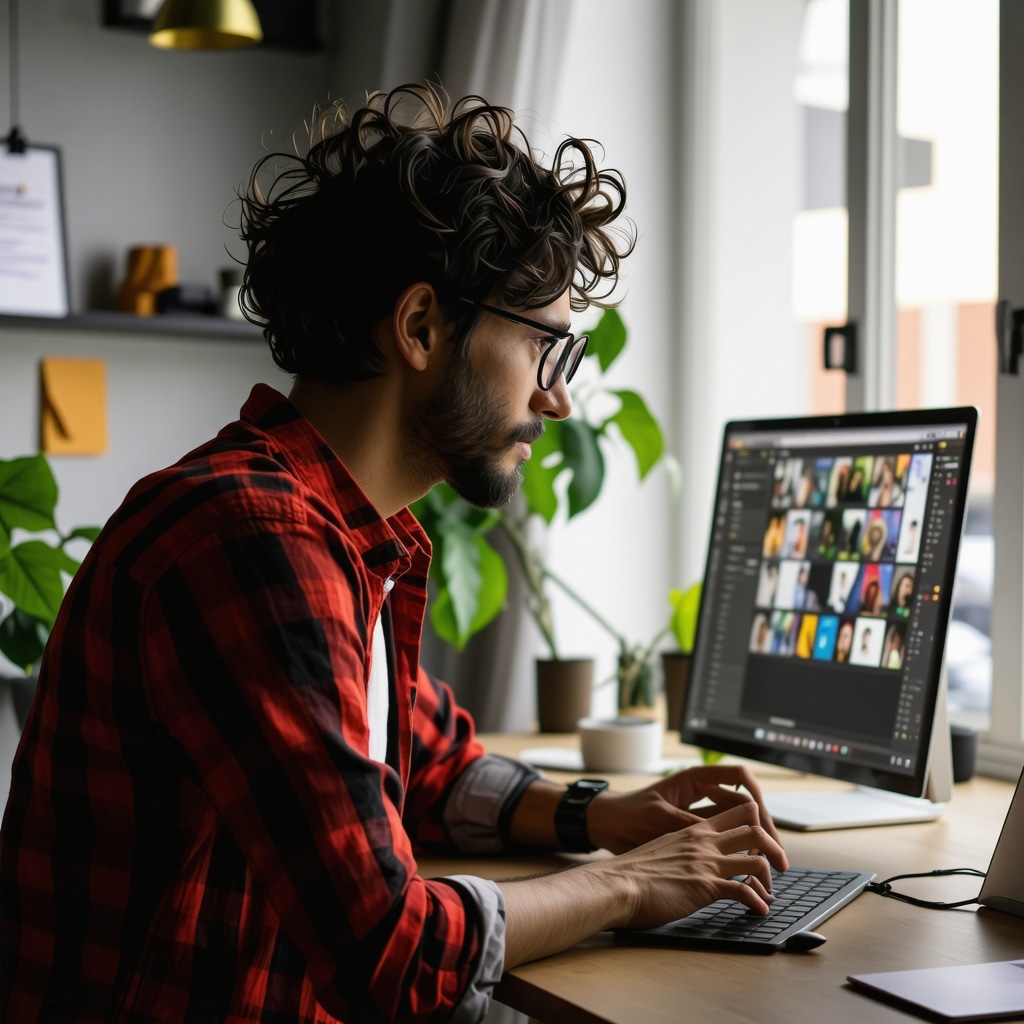 Person creating a digital portfolio on a laptop in a modern office