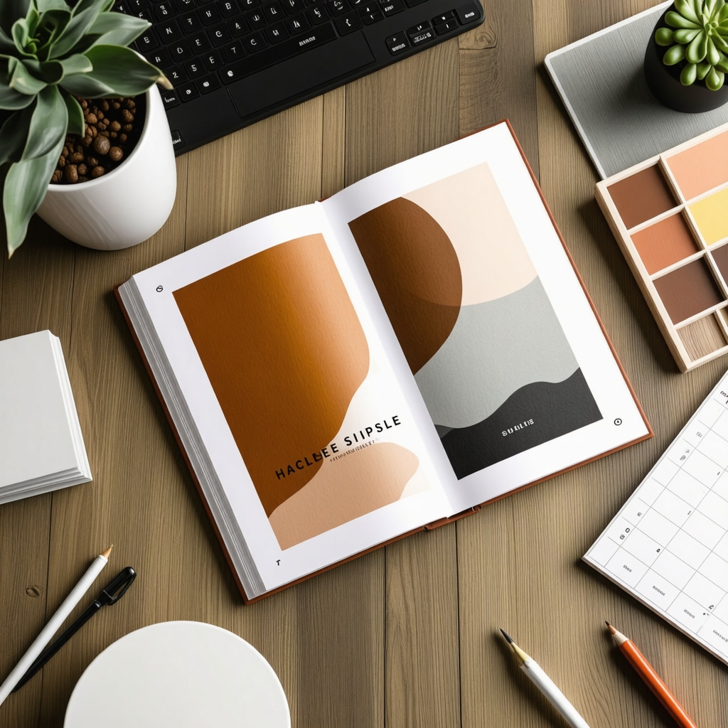 Open product catalog on a desk with design materials