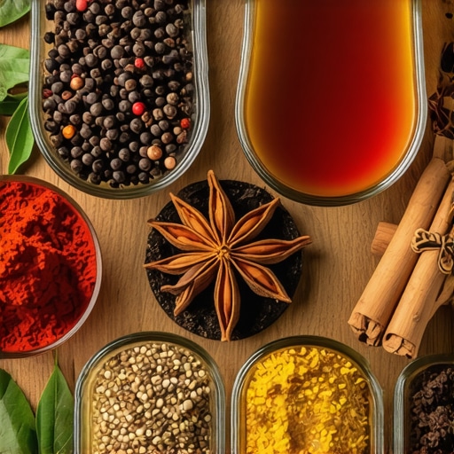 Close-up of colorful spices and herbs used in liqueur making