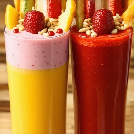 A visually appealing layered smoothie with fruit slices and seeds on top, vibrant colors