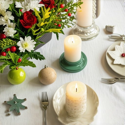 Decorated table for seasonal event with flowers, candles, and handcrafted ornaments.