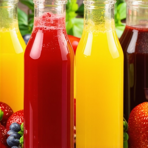 Assorted vibrant homemade fruit syrups in glass bottles with fresh fruits and herbs