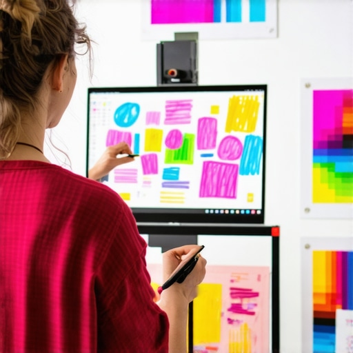 Digital artist working with computer and tablet in colorful studio environment