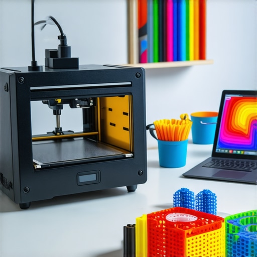 A high-tech artisan workshop with 3D printer, laser cutter, and digital tablet
