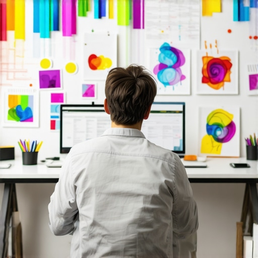 Artist working with digital drawing tablet and computer, surrounded by vibrant sketches, showcasing modern digital art techniques.