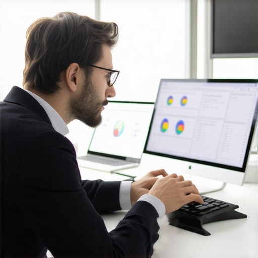 Analyst working with data analytics and AI tools in a modern office.
