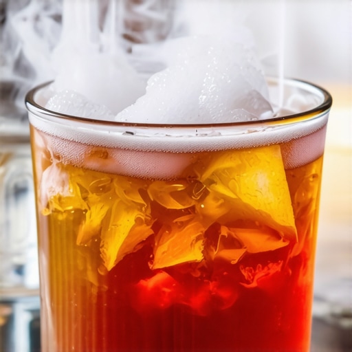 Cocktail with dry ice creating smoky effect, vibrant colors, high detail