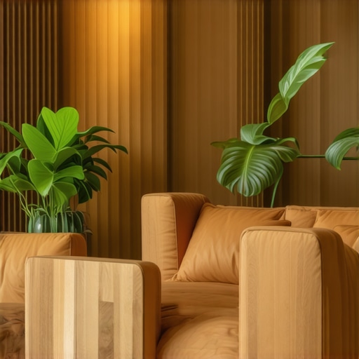 A stylish living room with recycled wood furniture and natural decor emphasizing sustainability and design