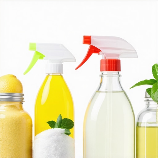 Natural ingredients for eco-friendly cleaning including lemon, vinegar, baking soda, and spray bottles in a bright kitchen.