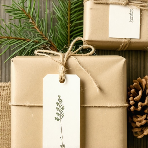 Handmade gift wrapping with natural materials and personalized tags in a cozy setting