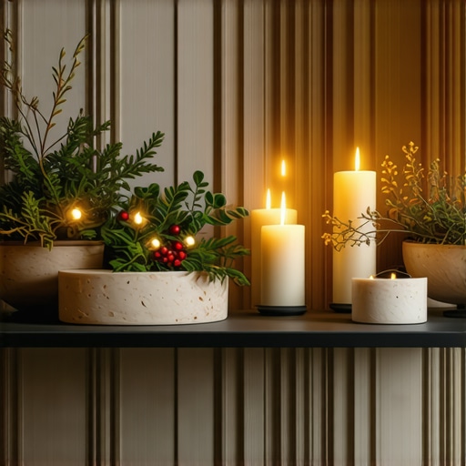Elegant winter interior decor with natural elements and modern lighting, cozy atmosphere