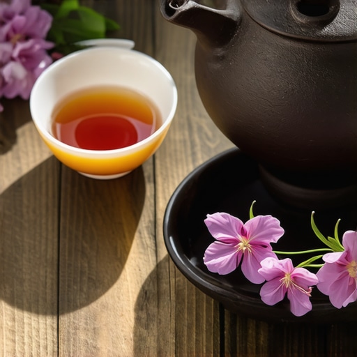 Herbal tea setup with kamilica flowers, teapot, and cup for expert preparation tips