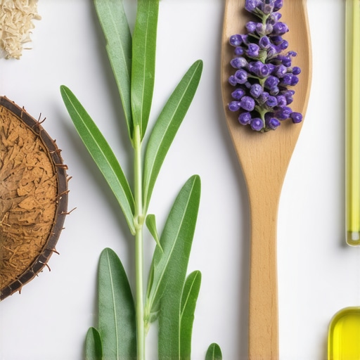 Close-up of tea tree, coconut, lavender for skin and hair care