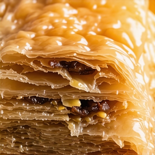 Close-up of golden-brown baklava with nut filling, expert bakery setting