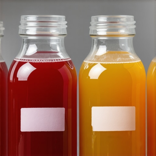 Jars of fermented homemade probiotic drinks with labels and airlocks