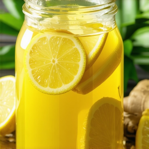 Close-up of fresh lemon, ginger, honey, and water for making natural syrup