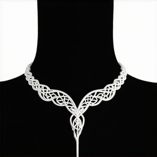 Close-up of innovative 3D-printed jewelry made from recycled plastics and metals, showcasing detailed craftsmanship