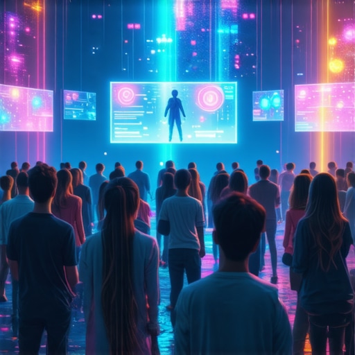 Diverse participants engaging in an advanced virtual conference using AI and AR technologies