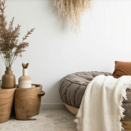 Cozy home interior with handmade natural decorations and soft lighting