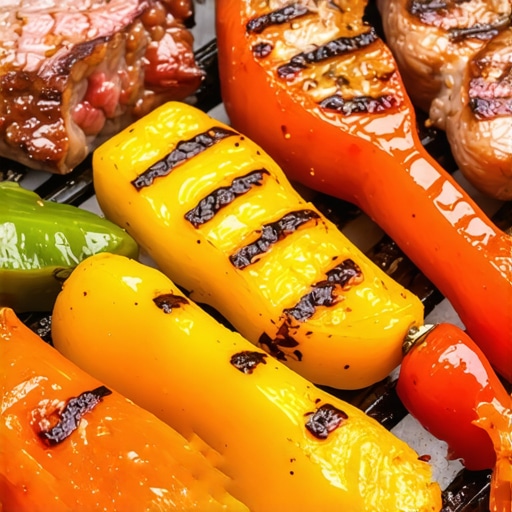 Close-up of colorful grilled vegetables and lean meats on a barbecue grill