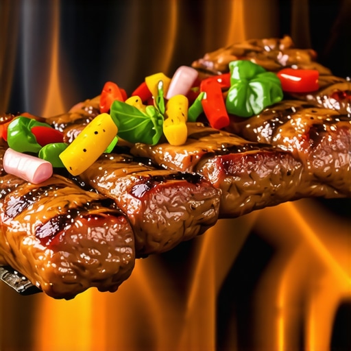 Grilled meat with herbs and vegetables on barbecue