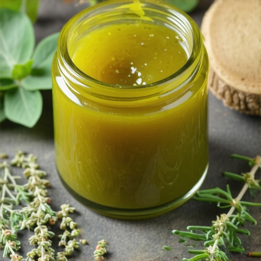 Close-up of homemade herbal salve in glass jar with natural ingredients