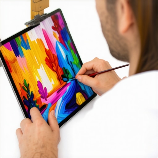 Artist combining digital and traditional art methods in a modern studio
