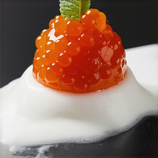 Close-up of spherical fruit caviar and foam in modern home kitchen setting