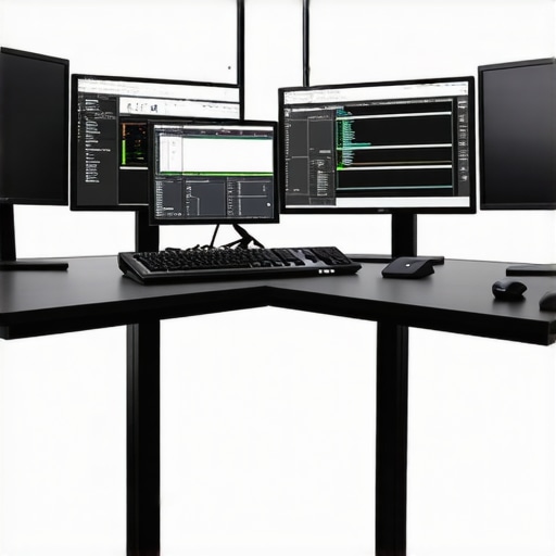 Detalj profesionalne radne stanice za video montažu sa dual monitorima i softverom za vizuelne efekte
