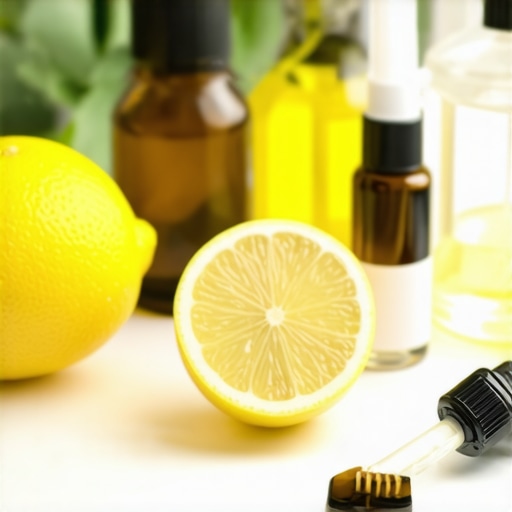Close-up of lemon, coconut oil, and essential oils used in homemade nail polish remover