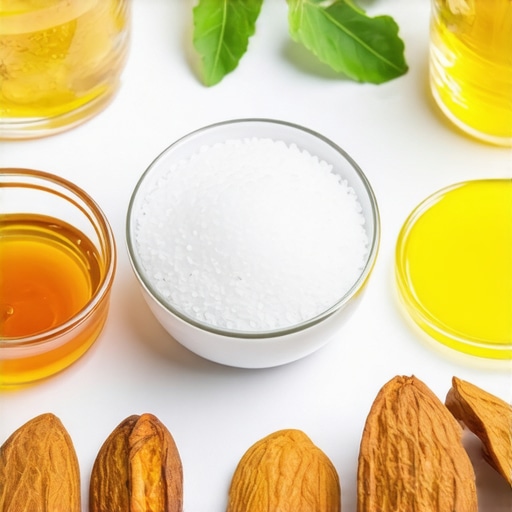 Close-up of honey, sugar, olive oil, and almonds used in foot scrubs