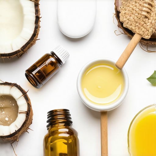 Assortment of natural ingredients like coconut oil, beeswax, honey, and essential oils for making skin balm