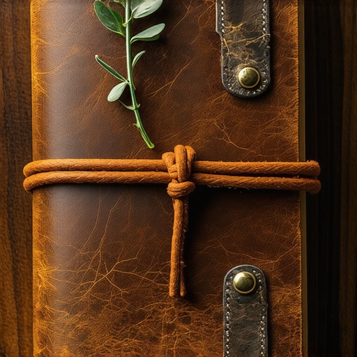Close-up of a handcrafted leather journal with natural decorations and vintage binding.